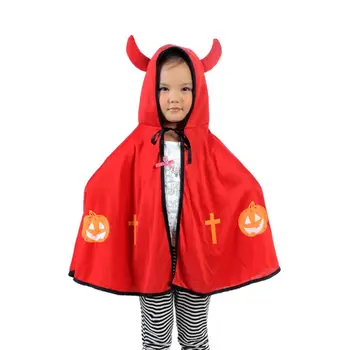 

Children Kid Halloween Demon Cloak with Ox Horn Pumpkin Cross Pattern Printed Hooded Cosplay Role Play Party Cape for Boys Girls