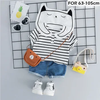 

Toddler Boys 2 pcs Outfit Suit Baby Girl Cute Crew Neck Sport Set Summer Casual Cotton Striped T shirt Tops + Denin Shorts Pants
