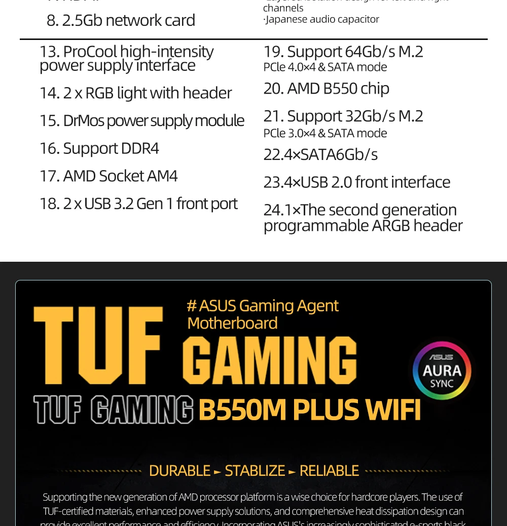 ASUS New TUF GAMING B550M PLUS (WI-FI) Micro-ATX B550M Motherboard DDR4 4600(OC) MHz 128G Mining Set AM4 Support AMD Ryzen CPU