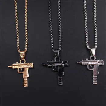 

NEW Cool Gothic Hip Hop UZI Kolye GUN Shape Pendant Necklace Silver/Gold/Black Color Army Style Male Chain Men Necklaces Jewelry