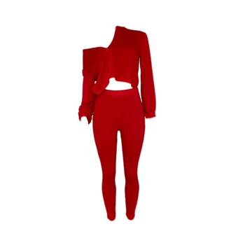 

Women Long Sleeve Trouser Suit, Solid Color Tight Sports Set, V-Neck Off-shoulder Outfits