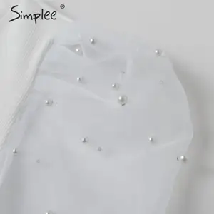 Image 5 - Simplee элегантная жемчужная сетчатая блузка, рубашка для женщин с пышными рукавами, Женский трикотажный топ, осенняя Повседневная праздничная одежда, женские топы