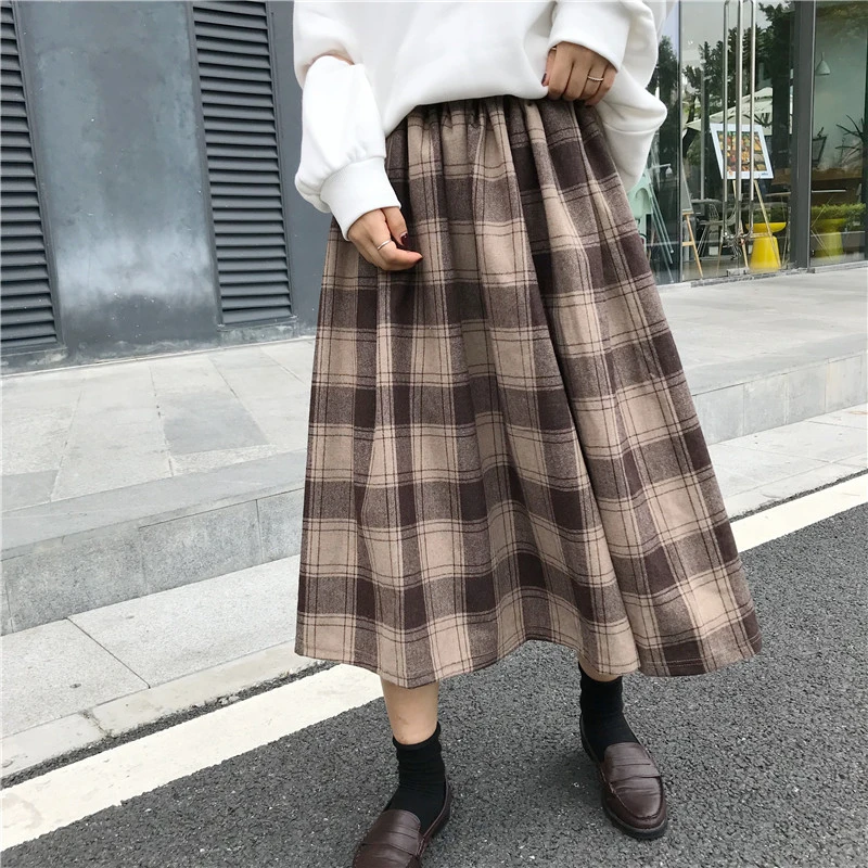 Японский консервативный стиль осень зима для женщин миди юбка Винтаж плед Высокая талия Jupe Femme элегантный корейский шик хлопок длинные юбки