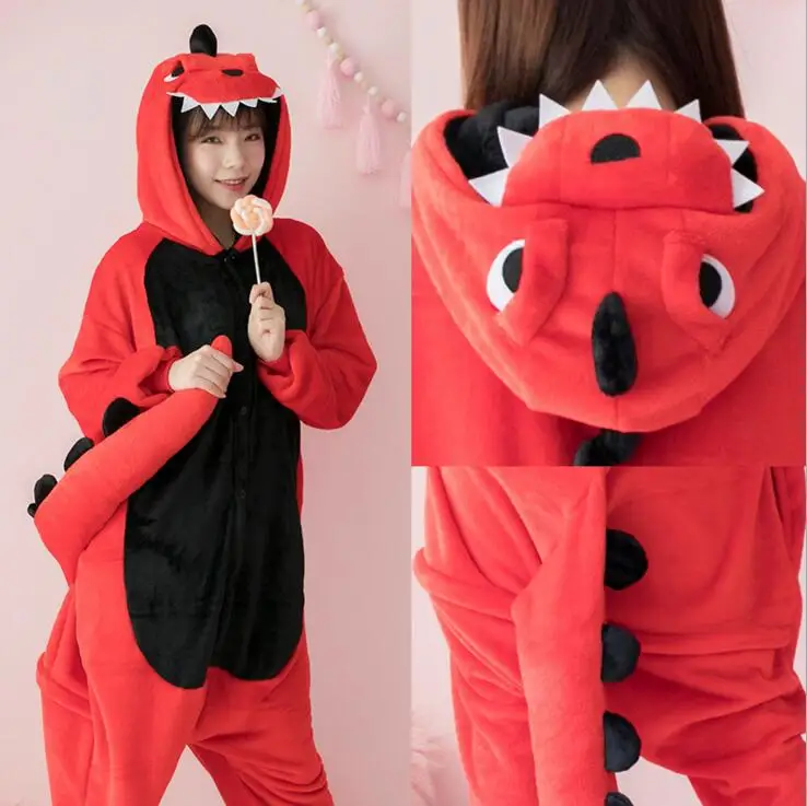 Woman Dinosaur Kigurumi Onesies Costumes Adult kids Hooded animal cartoon pajamas red Dinosaur home lovers long sleeve Jumpsuits