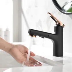 Black Rose Gold Solid Brass Bathroom Basin Pull Out Type Faucets Sink Mixer Hot & Cold Single Handle Deck Mounted Lavatory Taps