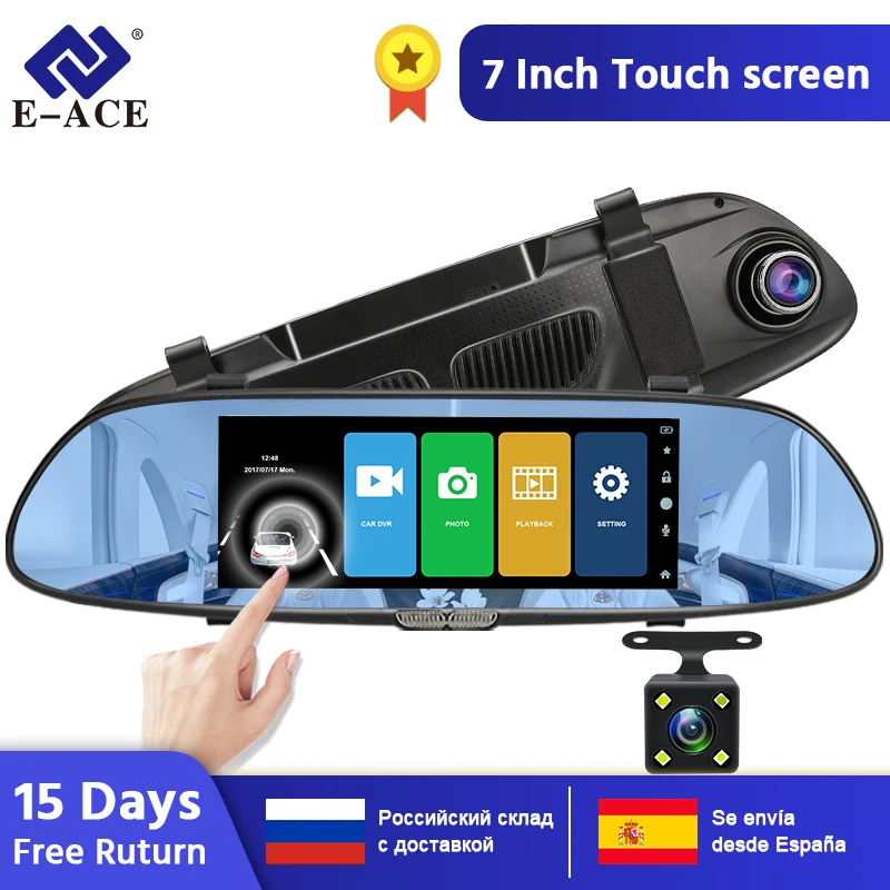 Online E ACE A01 Car DVR Full HD 1080P 7 Inch IPS Touch Video Recorder Camera Dual Lens with Rear View Camera Auto Registrator Dash Cam