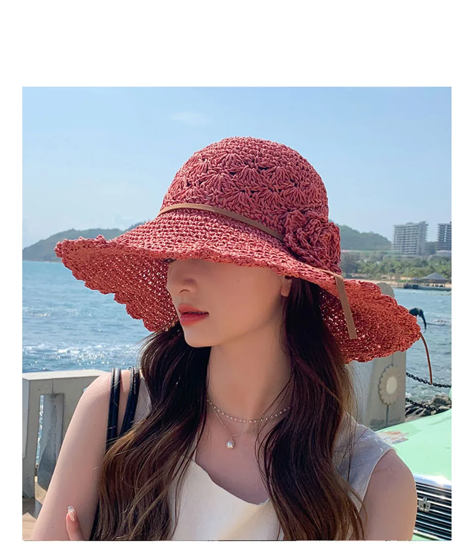 2021 di MODO di Estate delle Nuove Donne di Sun Benna berretto di pizzo beige Bowknot Fiori Nastro Piatto top Panama morbido Cappello di Paglia spiaggia_voghion.com