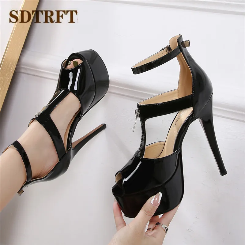 

SDTRFT Stilettos Ladies Peep Toe Sandals Platform Wedding Shoes Women 14cm Thin heels zapatos mujer Catwalk Shows Zipper Pumps