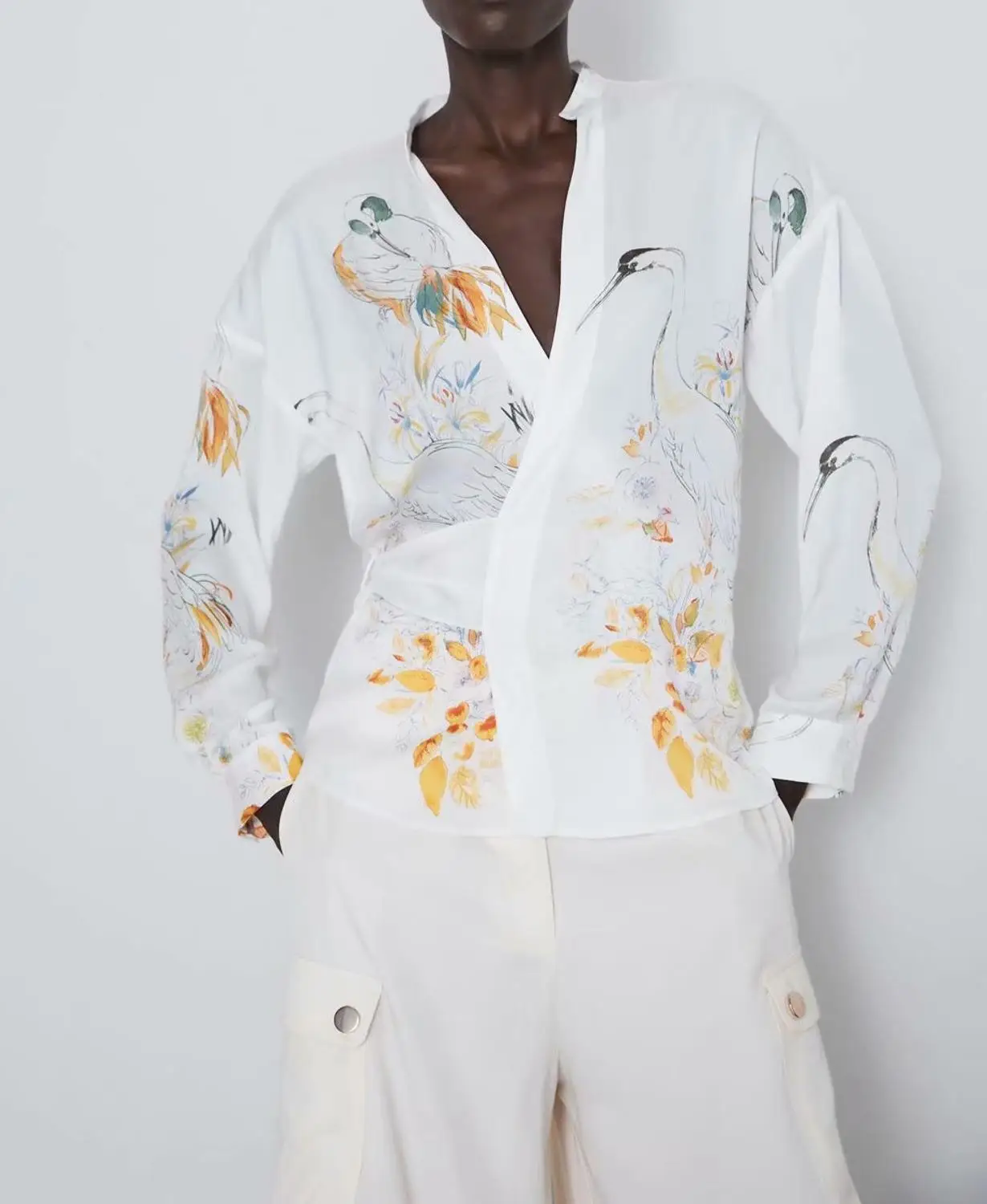 

Women's Print Blouse za Chiffon Transparency Spring and Summer Chinese Style V-Neck Long sleeve Blouse