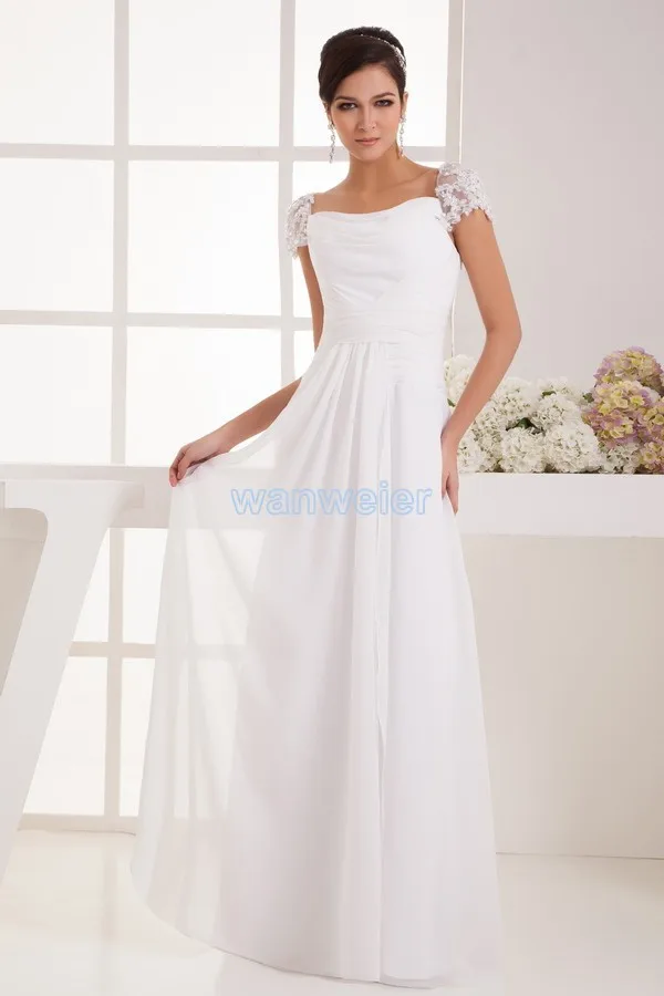 

free shipping 2016 new design quality formal dress short sleeve long cap sleeve white custom size/color chiffon Bridesmaid Dress