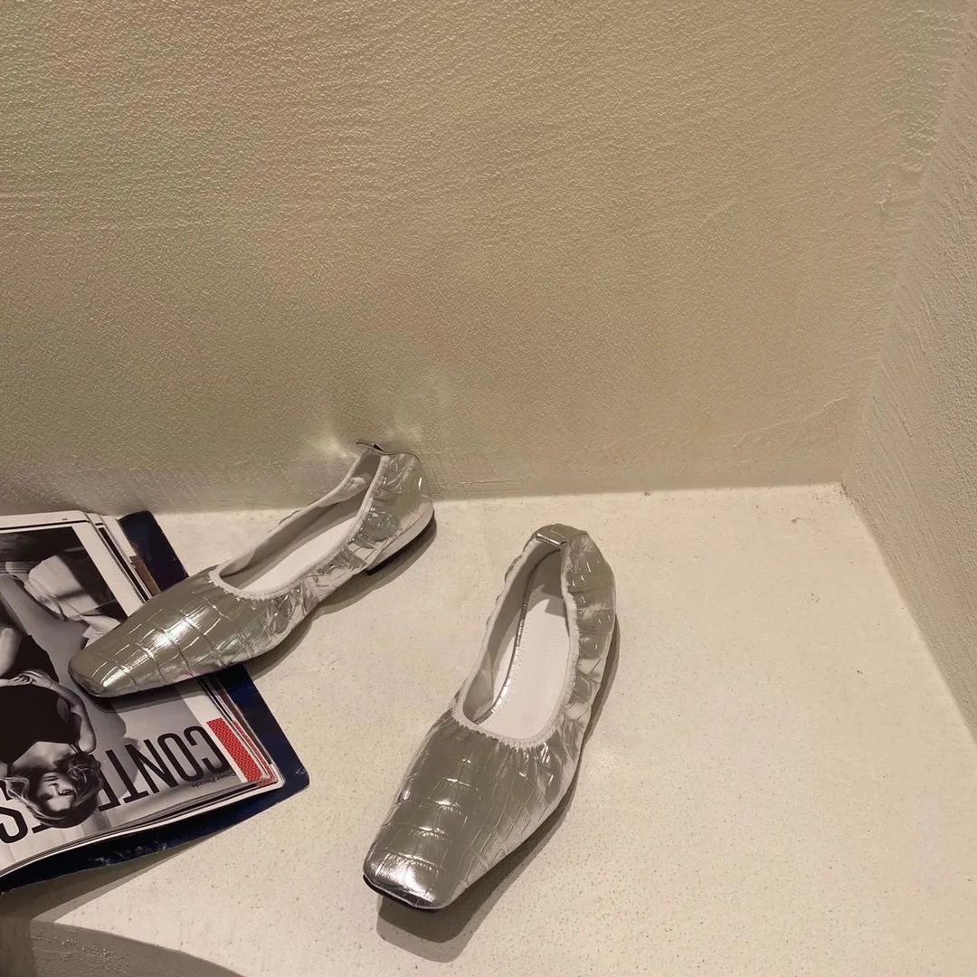 Zapatos planos de tacón sin para mujer, mocasines de Ballet informales con punta cuadrada, plateados, blancos y negros, 39 - AliExpress Calzado