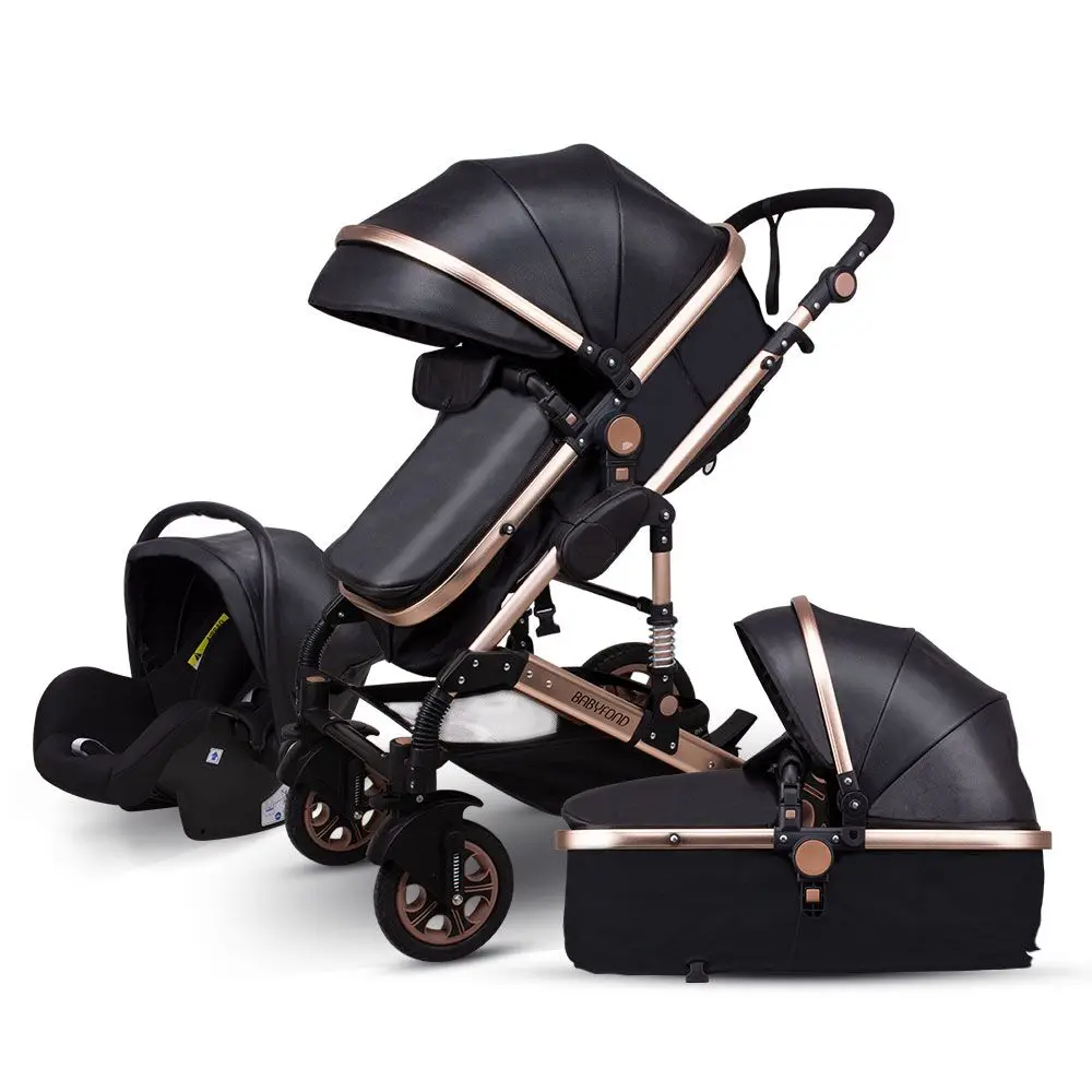 black PU Pu leather aluminum alloy frame babe Babyfond high landscape fold baby stroller 3 in 1 four wheel cart EU standard baby stroller - Цвет: black PU