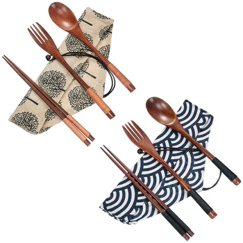 

2 Set Wooden Flatware Tableware Cutlery Set Travel Utensils Tied Line Reusable Flatware, Wooden Fork Spoon Chopsticks