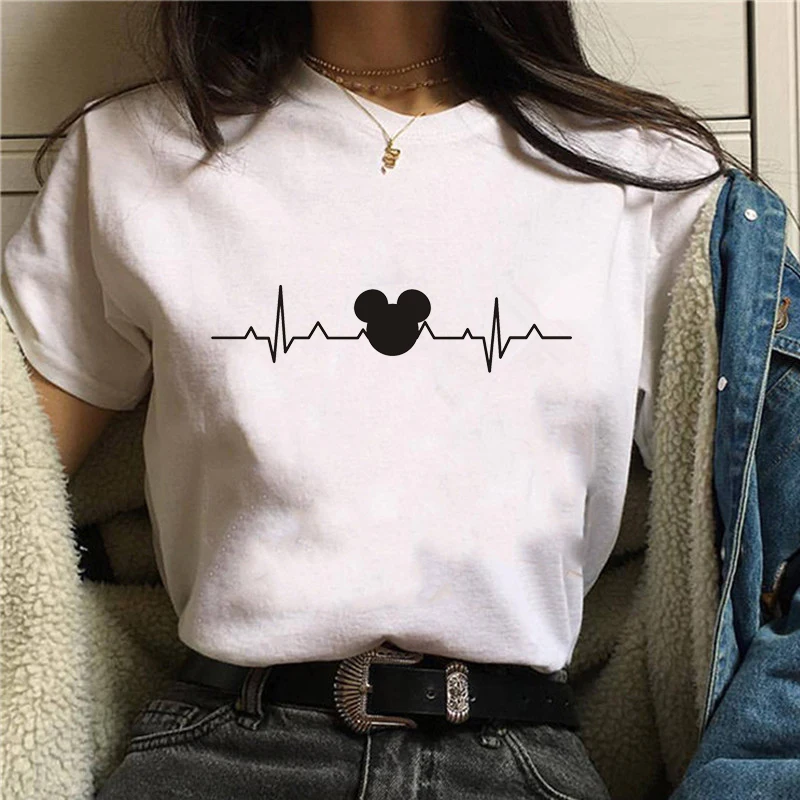 Женская футболка размера плюс Харадзюку, топы, летние топы, футболки с графическим принтом, женская футболка с Микки Маусом и сердцебиением