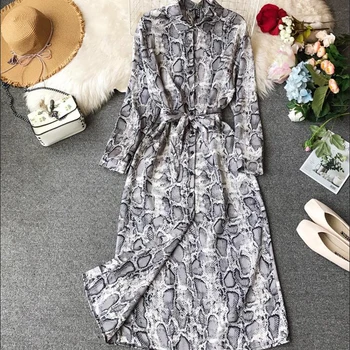 

Women spring snake print dress sexy buttons snake print party dresses Belt retro style long sleeve snake shirt dress vestidos