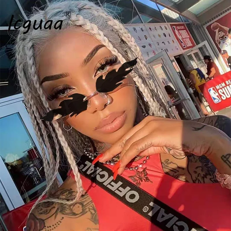 

New Fashion Women Men Rimless Wave Sun Glasses Fire Flame Sunglasses Eyewear Brand Design Mirror Narrow Sunglasses