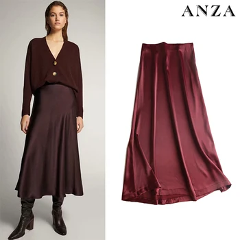 

2020 New Za Women Midiskirt with High Waist Solid Elegant A-line Midiskirt Femme Summer Loose Silk Wine Red Midiskirt