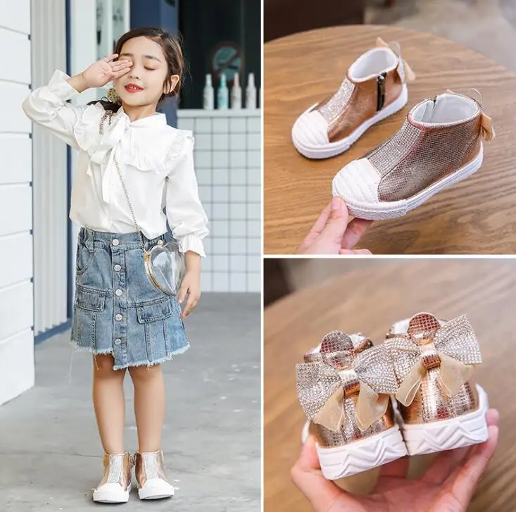 

New Autumn Kids Girls Shoes Fashion Bow Rhinestone Ankle Boots Children's Casual Shoes Soft Toddler Baby Shoes Side Zipper