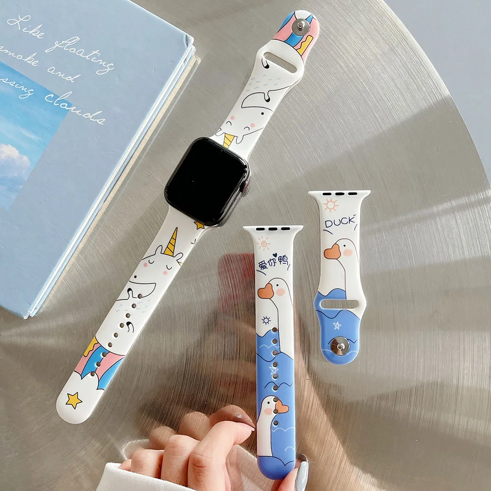 Ремешок силиконовый для Apple Watch Band 44 40 38 42 мм милый браслет с единорогом и уткой