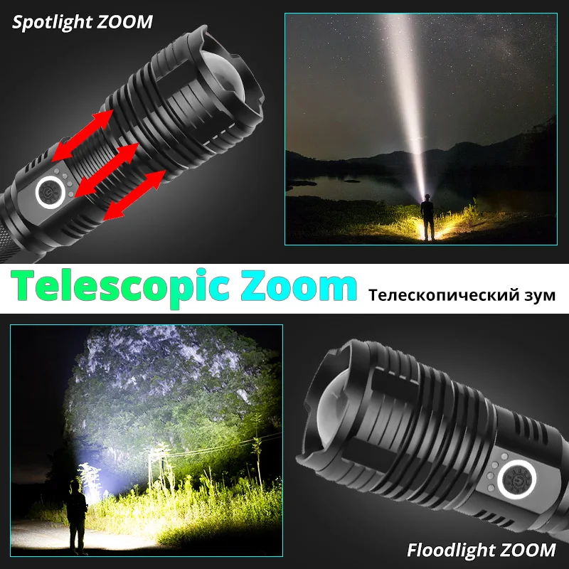 Portable XHP70.2 LED Flashlight Tactical Waterproof Torch 5 Lighting modes Zoom built in lamp use 26650 battery USB Rechargeable
