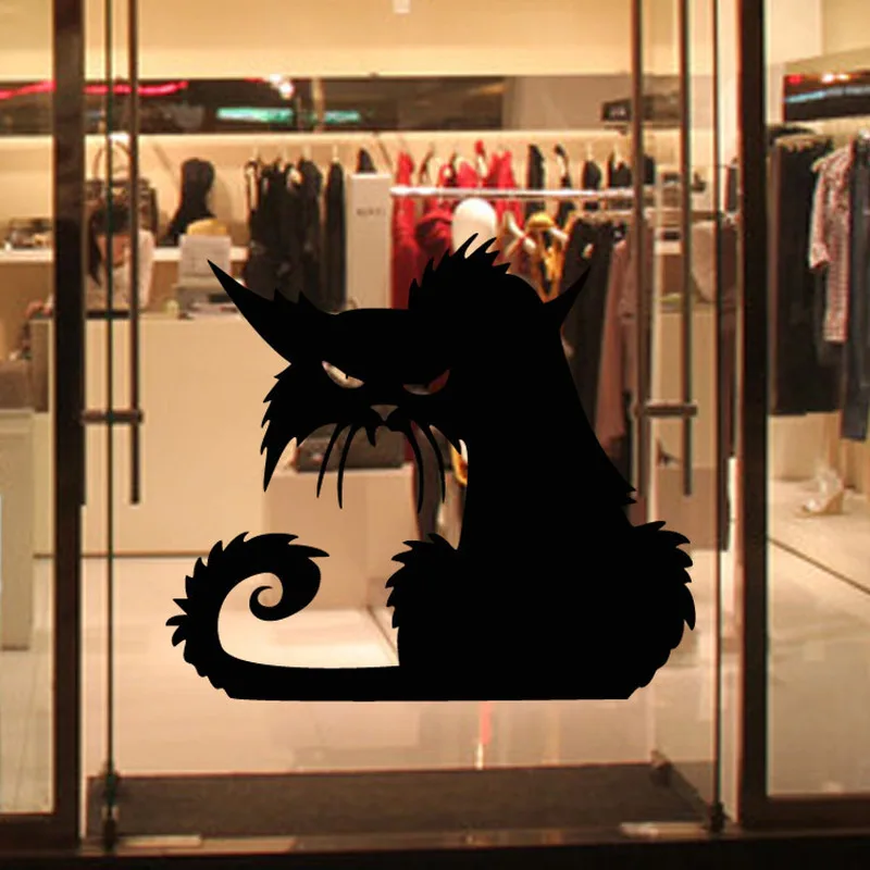 Halloween Scary Spooky Black Cat Wall Glass Sticker Halloween Decoration Decals 14.5*13.5cm