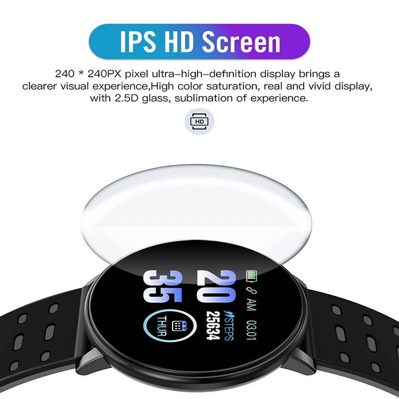 119 Plus Round Smart Watch Blood Pressure Heart Rate Monitor Sport Waterproof Fitness Tracker For Android IOS Fit Men Women Kid