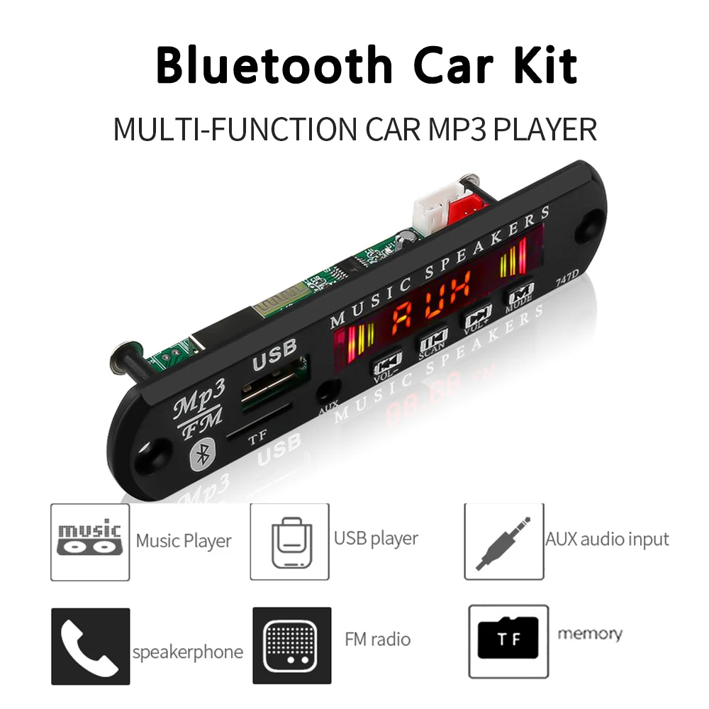 Цветной экран, 5 В, MP3 декодер, плата записи, кардридер, 12 В, Bluetooth модуль, аудио аксессуары, громкая связь с микрофоном, FM, TF, USB, AUX