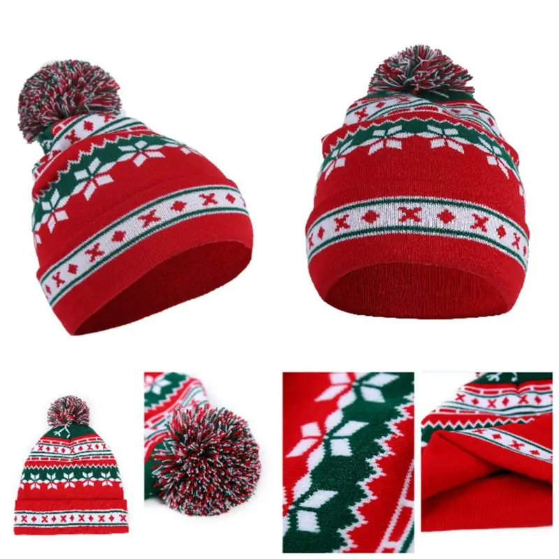 Для женщин и мужчин Рождество Санта Клаус Снежинка вязаная шапка зимние теплые полосы контрастных цветов шапка с манжетой шляпа с помпоном мяч подарок