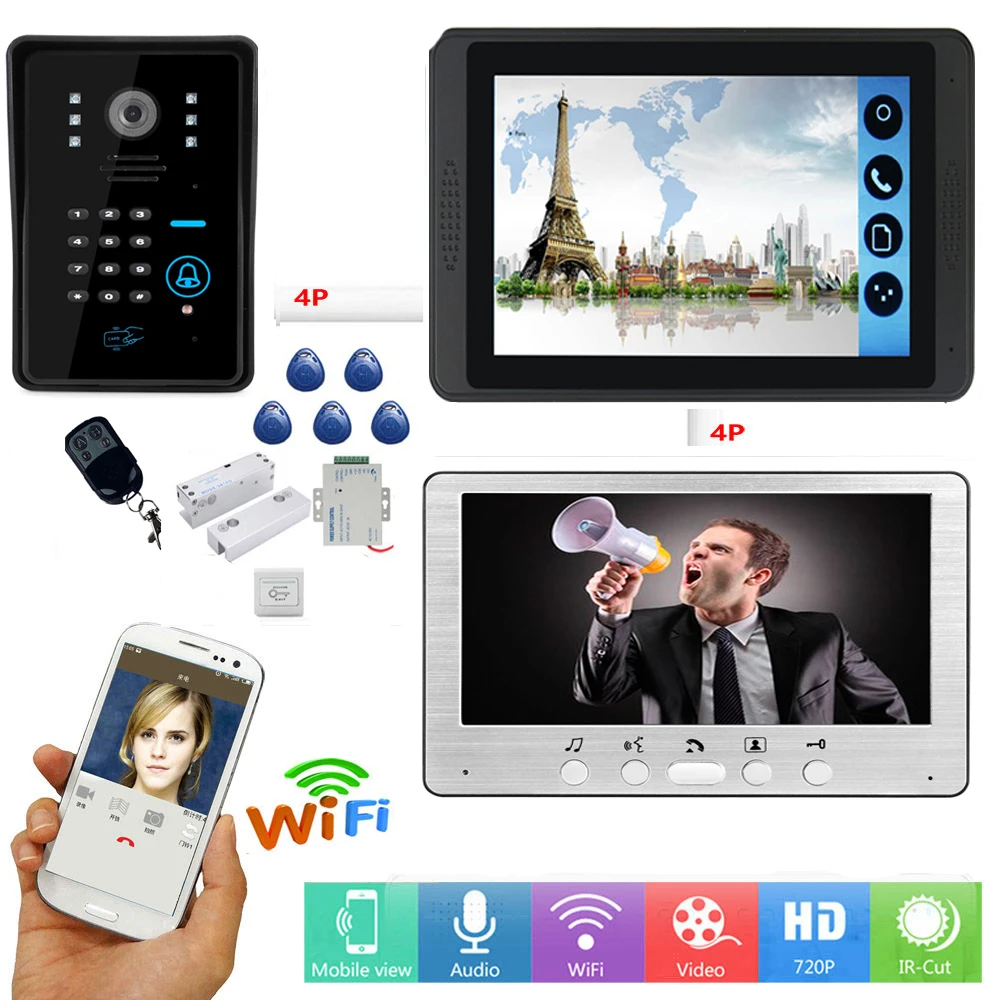 RFID пароль доступа разблокировка видеодомофон 7 дюймов lcd Wifi беспроводной видео дверной звонок Домофон Система+ дверной замок