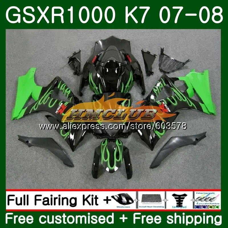 Корпус для SUZUKI GSXR-1000 K7 GSX-R1000 GSXR1000 07 08 зеленый пламя 12CL. 34 1000CC GSXR 1000 07 08 GSX R1000 2007 2008 обтекатель