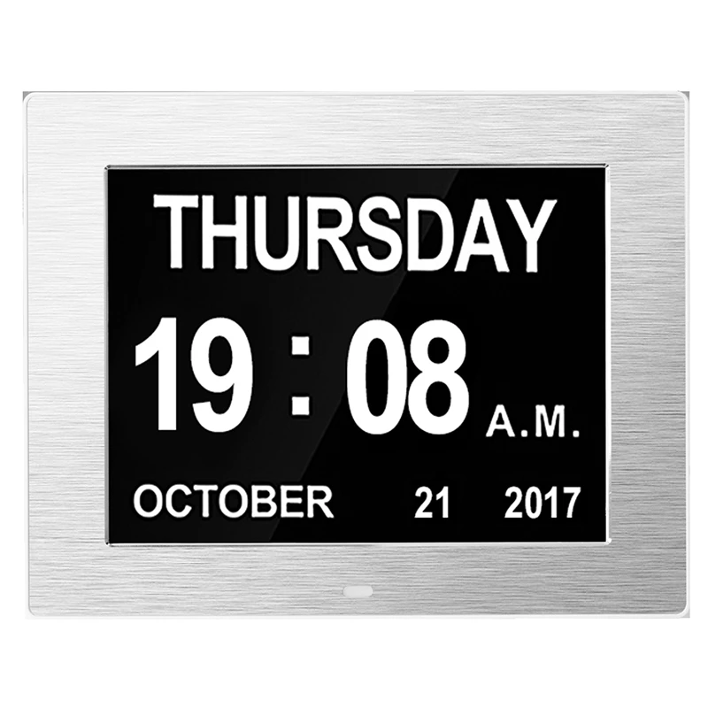 Silver EU plug Digital Calendar Alarm Day Clock- with 8 Inch Large Screen Display, Am Pm, 5 Alarm, the Aged Seniors, the Dementia, for Desk, W - Цвет: Silver EU plug