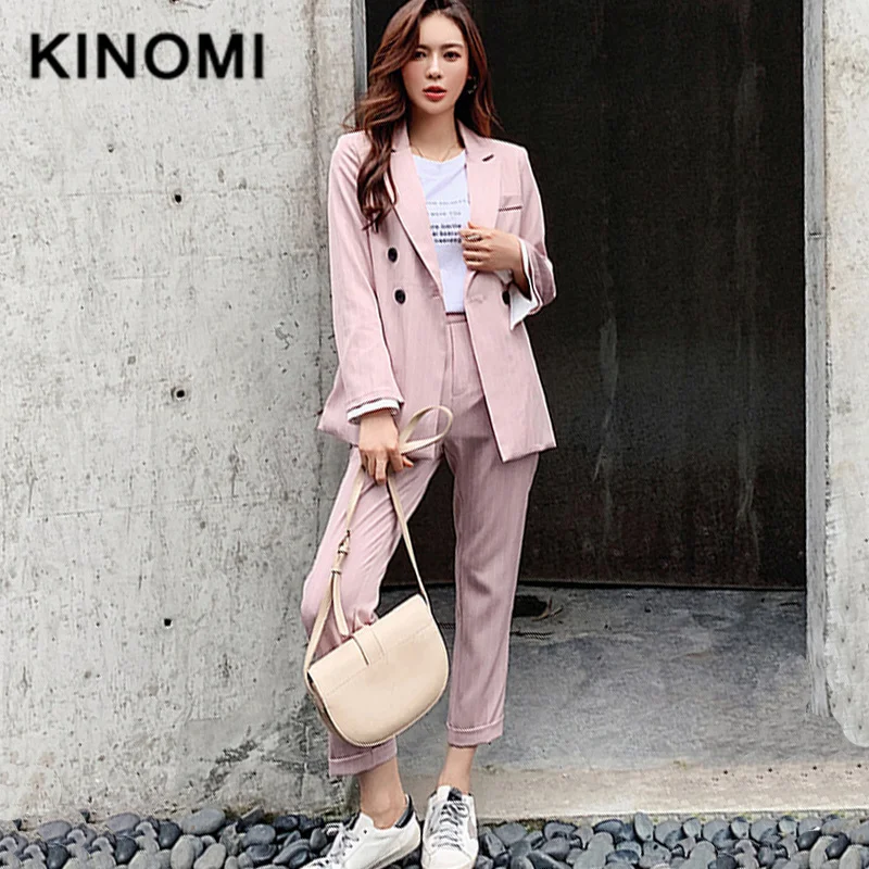 KINOMI двубортный полосатый Женский блейзер, костюм, комплект с длинным рукавом, женские брючные костюмы, офисный Женский комплект из 2 предметов, женский брючный костюм