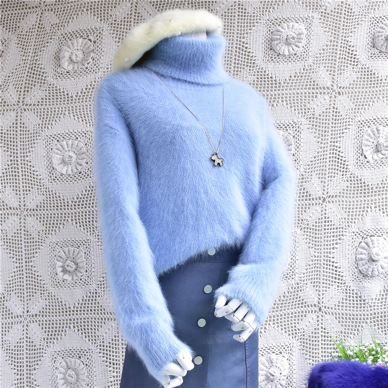 

Female women short style plush girls mink cashmere loose turtleneck angora rabbit fur long sleeves hand knitted pullover sweater