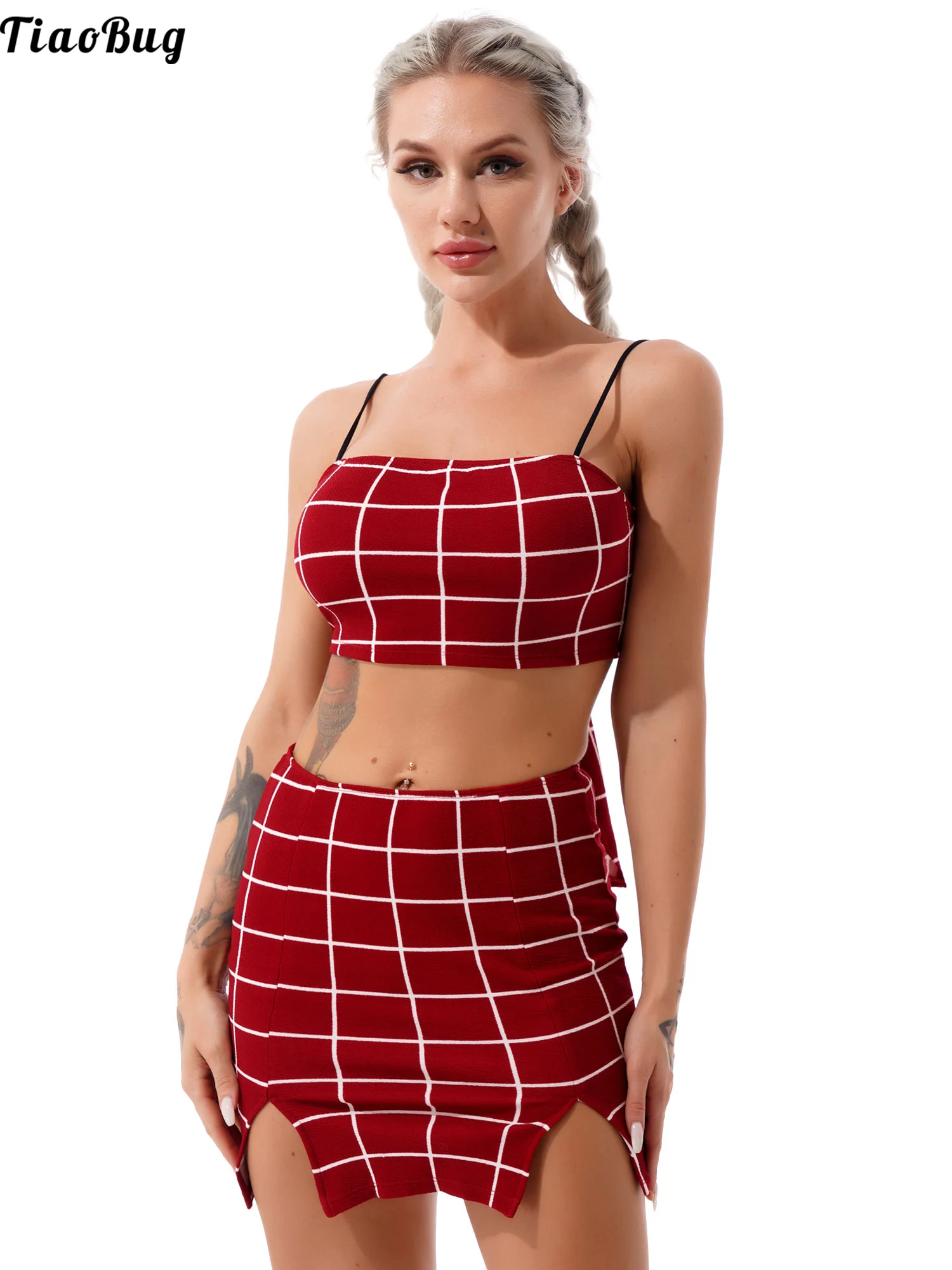 

Женский Повседневный клетчатый комплект TiaoBug из двух предметов, укороченный топ на бретелях-спагетти со шнуровкой сзади и мини-юбка с разрезом по бокам на лето