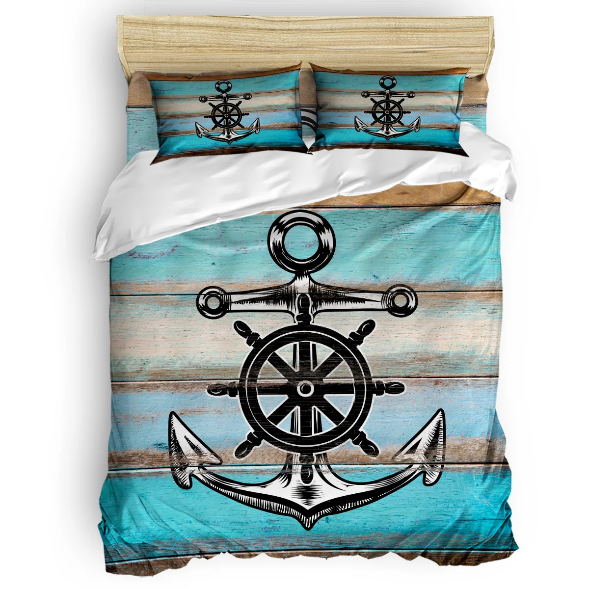 

Retro Wood with Anchor Nautical Style Duvet Cover Set Vintage Floral Art Design Collection of 3/4pcs Bedding Set Bed Sheet