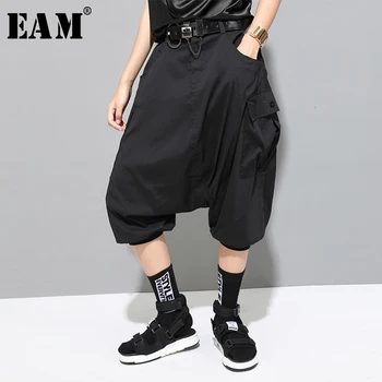 

[EAM] High Elastic Waist Black Split Leisure Harem Trousers New Loose Fit Pants Women Fashion Tide Spring Autumn 2020 1H111