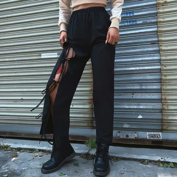 

Gothic Streetwear Wide Leg Pants Women Lace Up Fashion Bandage High Waist Trousers Dance Hip Hop Casual Sweatpants 2020 Spring