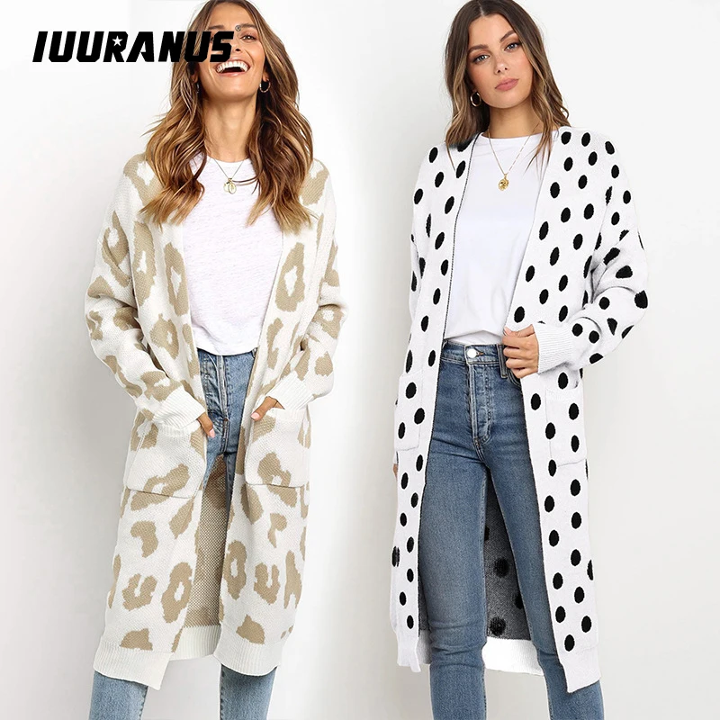 

IUURANUS Leopard Print Women Knit Sweater Cardigan Winter Casual Long Knitted Outerwear Female Streetwear OL Cardigans Jumper