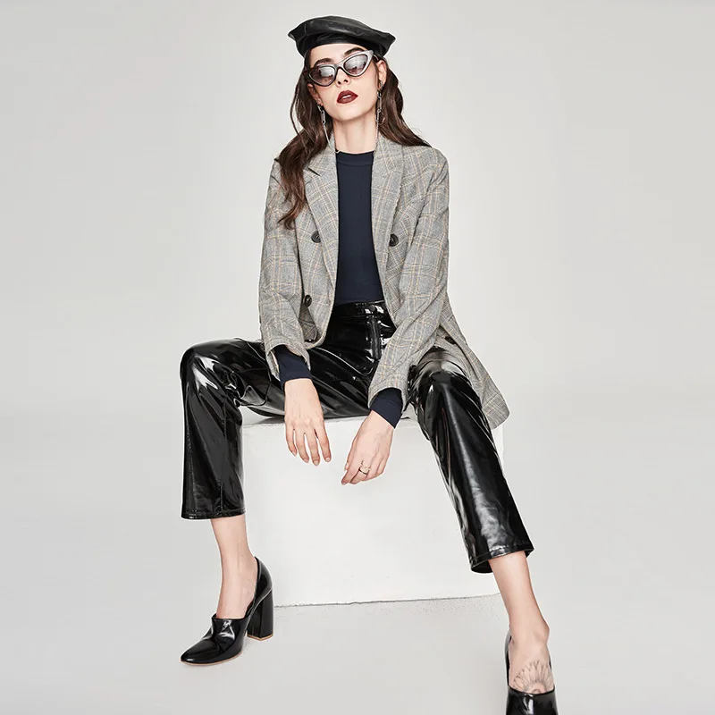 

Coat Woman 2019 Autumn New Casual Thin Temperament Long Sleeve Short Style Suit Double Breasted Plaid Women Jackets and Coats