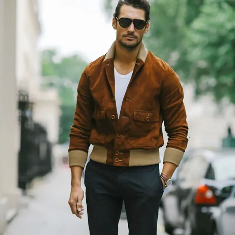

Casual Single Breasted Faux Suede Mens Jackets Spring New Long Sleeve Pockets Stand Collar Ribbed Patchwork Slim Fit Short Coats