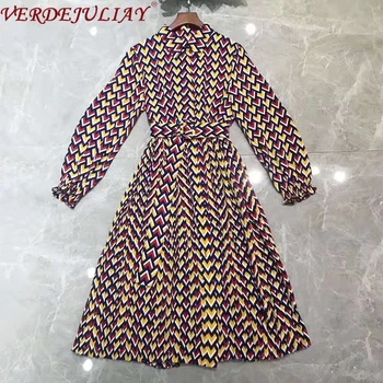 

VERDEJULIAY Office Lady Fashion European Casual Pleated Dresses Women Elastic Sleeve 2020 Spring Arrow Plaid Print Midi Dress