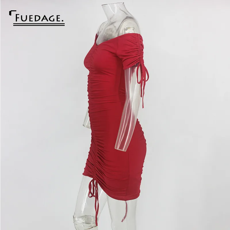 Красное однотонное мини платье Fuedage с рюшами и кулиской женское сексуальное