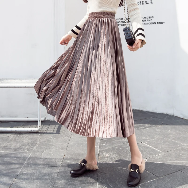 Women 2019 Restro Long Pleated Skirts Elastic Waist Pleuche Metal Texture Blue Women Pleated Skirt Elegant Vintage Women Skirts