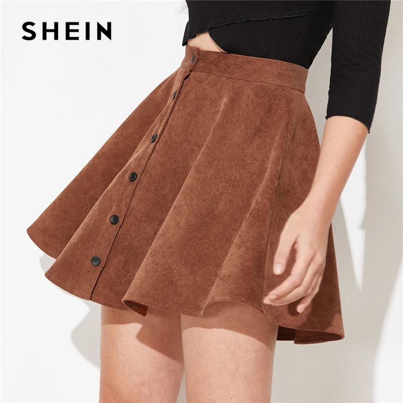 SHEIN однотонная Вельветовая повседневная юбка с пуговицами спереди, Женская юбка, осень, уличная одежда, высокая талия, Женские базовые короткие расклешенные юбки