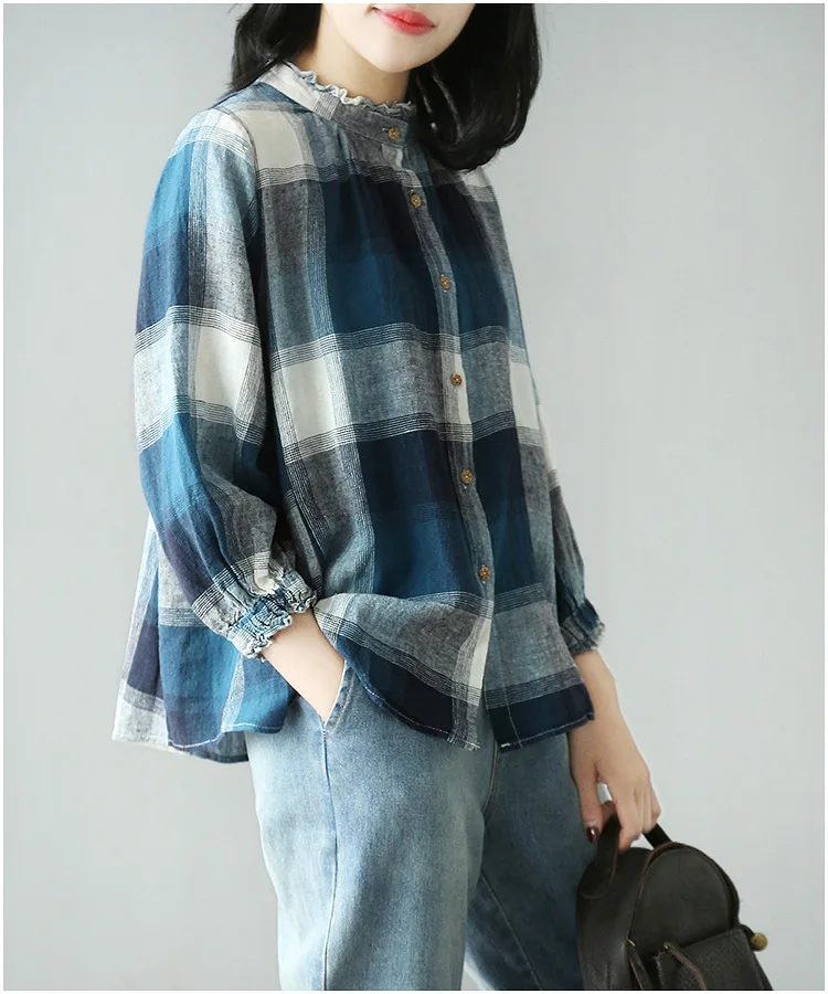 Весенняя новая хлопковая клетчатая рубашка для женщин со стоячим воротником, свободная рубашка с длинным рукавом, блузка, Топ nt