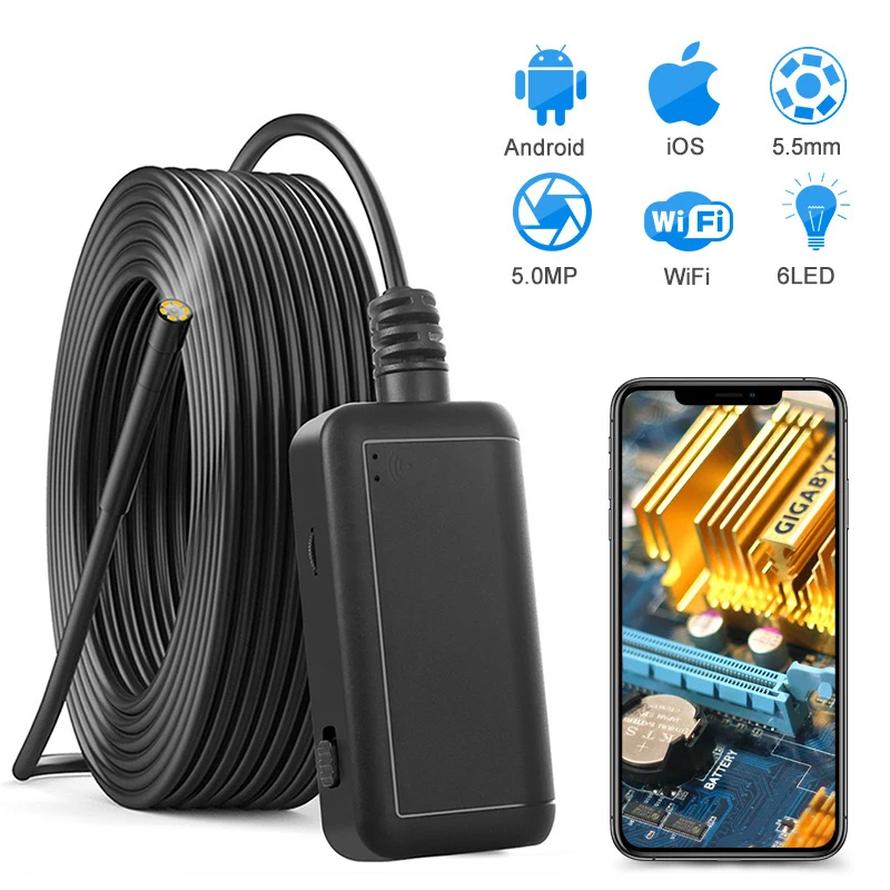 

5.5MM HD 5MP WIFI Endoscope IP67 Waterproof Hard Cable Snake Inspection Camera With 1800mAh Battery Borescope For IOS/Android