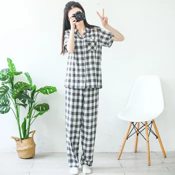 

Women Cotton Pajamas Set Button Down Sleepwear Loungewear Japanese Style Plaid Soft Short Sleeve Top Turndown Collar