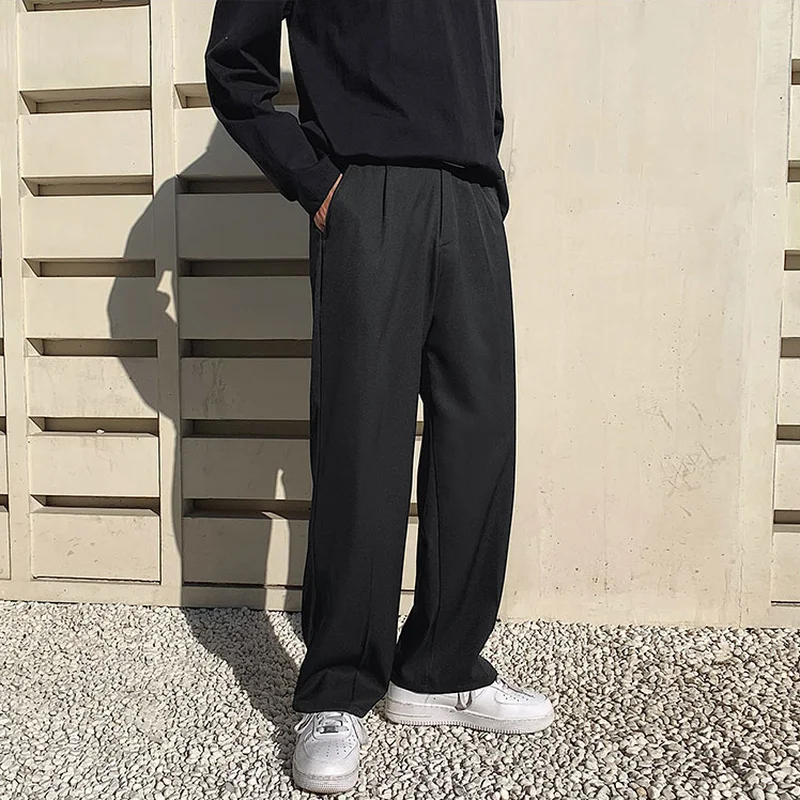 Solid Men Casual Pants Pleated Pockets Mens Fashion Clothing Mopping Hong Kong Style Zipper Fly Spring New Trousers Loose Bottom casual pants
