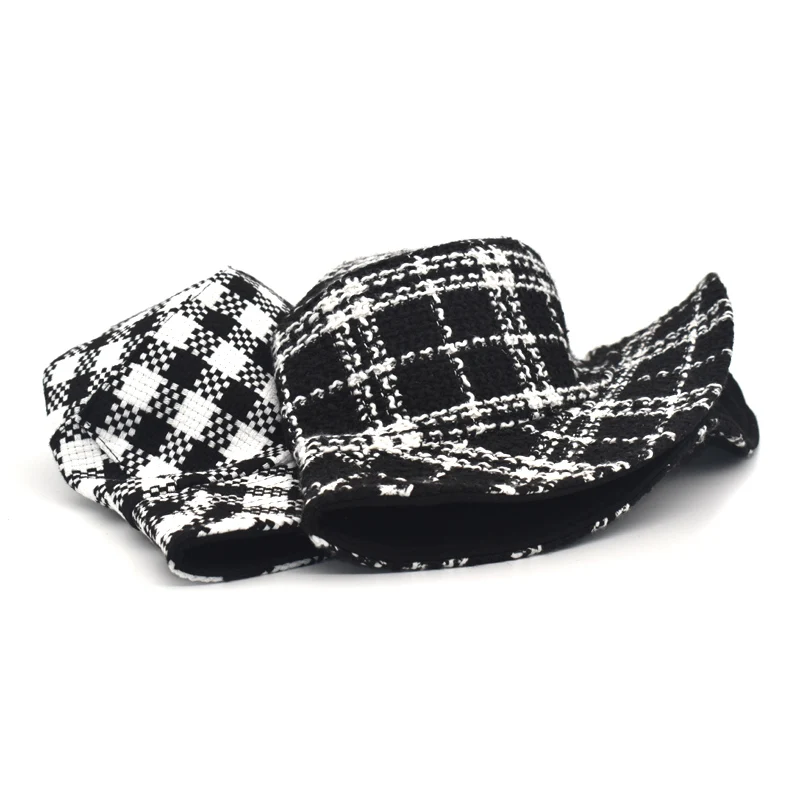 FUODRAO New Spring Autumn Women Hat White Black Plaid Bucket Hat Reversible Casual Panama Outdoor Fisherman Hat M78