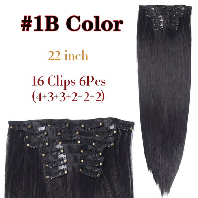 Synthetic 6H/613# Clip In On Hair Extensions 6Pcs/Set 16 Clips Hair Extension Full Head 55Cm Straight Synthetic Fiber Hairpieces 1B